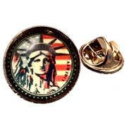 Bassin and Brown Statue of Liberty USA Flag Lapel Pin - Red/White/Blue