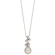 Elements Gold Pearl and Dimond Leaf Design Pendant - White Gold
