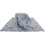 Michelsons of London Textured Springtime Floral Polyester Tie and Pocket Square Set - Silver/Blue