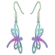 Ti2 Titanium Dragonfly Drop Earrings - Green/Purple/Pink