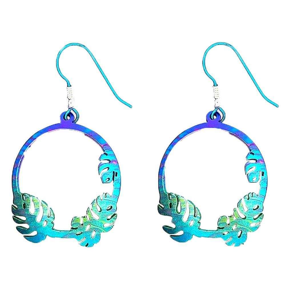 Womens Marble Blue Ti2 Titanium Round Cheese Plant Drop Earrings