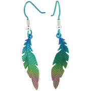 Ti2 Titanium Woodland Small Curved Feather Drop Earrings - Green