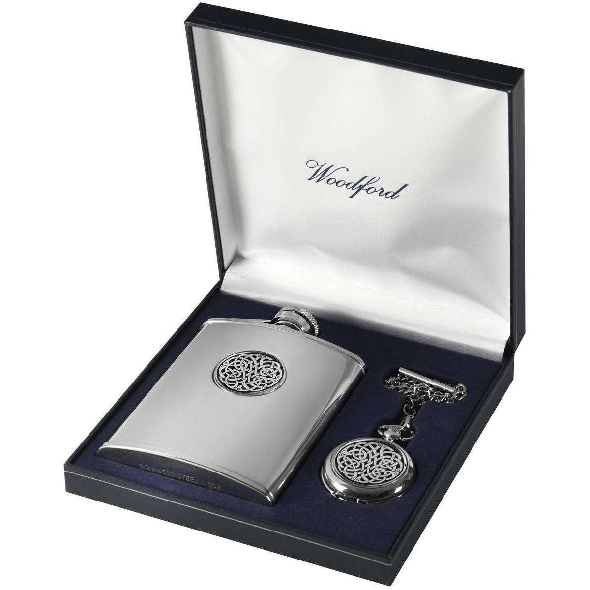 Silver Woodford Celtic Knot 6oz Hip Flask and Pocket Watch Set