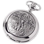 Woodford Fisherman Chrome Plated Double Full Hunter Skeleton Pocket Watch - Silver