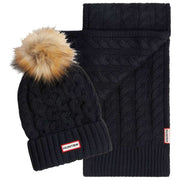 Hunter Cable Knit Fur Pom Pom Beanie and Scarf Box Set - Black