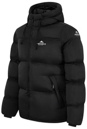 Helvetica Mountain Pioneers Mittelblock-Daunenjacke mit Kapuze – Schwarz