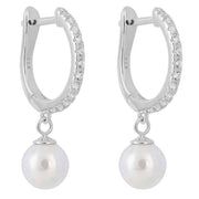 Beginnings Pave Pearl Drop Charm Hoop Earrings - Silver/White