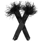 Dents Anastasia Long Opera Feather Cuff Satin Gloves - Black