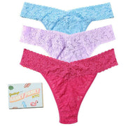 Hanky Panky Signature Lace Original Rise Matchbox 3 Pack Thong - Partly Cloudy Blue/Cool Lavender/Coral