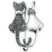 Beginnings Marcasite and Plain Double Cat Brooch - Silver