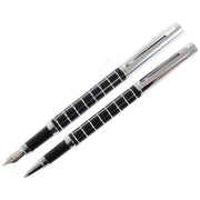 David Aster Checker Fountain Pen and Rollerball Pen Set - Black/Silver