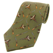 David Van Hagen Flying Pheasant and Shotgun Country Silk Tie - Country Green