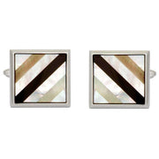 David Van Hagen Rhodium Plated Mother of Pearl and Onyx Striped Square Cufflinks - White/Black/Silver