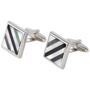 David Van Hagen Rhodium Plated Mother of Pearl and Onyx Striped Square Cufflinks - White/Black/Silver