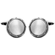 David Van Hagen Rhodium Plated Mother of Pearl Round Porthole Cufflinks  - White/Silver
