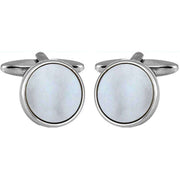 David Van Hagen Rhodium Plated Mother of Pearl Round Porthole Cufflinks  - White/Silver