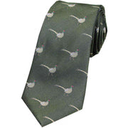 David Van Hagen Standing Male Pheasant Country Silk Tie - Green