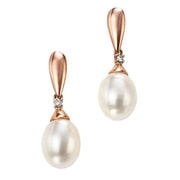 Elements Gold Freshwater Pearl and Diamond Drop Earrings - Rose Gold/White