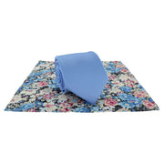 Michelsons of London Plain Tie and Contrast Floral Pocket Square Set - Light Blue