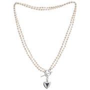 Pearls of the Orient Double Strand Freshwater Pearl Heart Charm Necklace - White/Silver