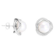 Pearls of the Orient Freswater Pearl with Surround Swirl Stud Earrings - Silver/White