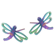 Ti2 Titanium Dragonfly Stud Earrings - Green/Purple/Pink