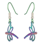 Ti2 Titanium Small Dragonfly Drop Earrings - Green/Purple/Pink