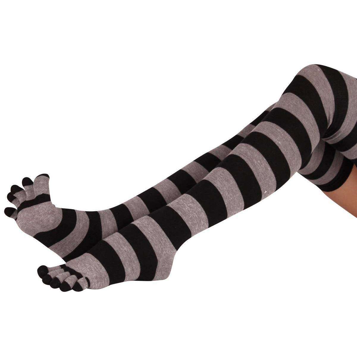 Womens TOETOE Black/Grey Striped Over The Knee Toe Socks