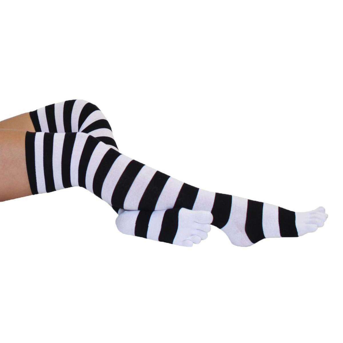 Womens Black/White TOETOE Striped Over The Knee Toe Socks